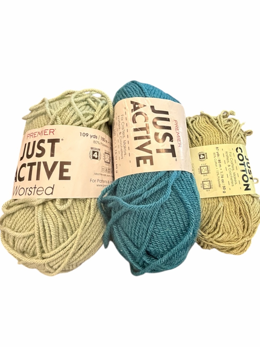 Premier Yarn Just Active Worsted 3 pack Green Seedling Teal Just Cotton Sage 6oz